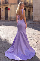 Load image into Gallery viewer, Mermaid Taro Purple Satin Square Neck Long Prom Dress with Pearls