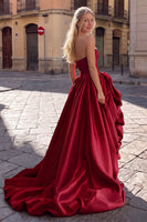 Load image into Gallery viewer, Beaded Burgundy Corset A Line Strapless Corset Satin High-Low Prom Dress with 3D Flowers