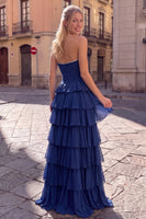 Load image into Gallery viewer, Ruffled Navy Sweetheart Chiffon A-Line Long Prom Dress with Bow