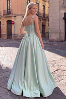 Load image into Gallery viewer, Corset Pastel Green Ruched Satin Beaded Spaghetti Straps Long Prom Dress