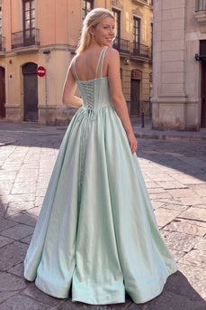 Corset Pastel Green Ruched Satin Beaded Spaghetti Straps Long Prom Dress