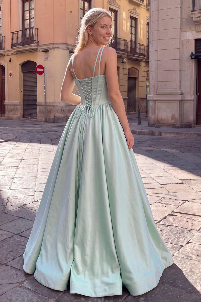 Load image into Gallery viewer, Corset Pastel Green Ruched Satin Beaded Spaghetti Straps Long Prom Dress