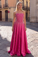 Load image into Gallery viewer, Sparkly Fuchsia Strapless Beaded Corset A-Line Long Prom Dress