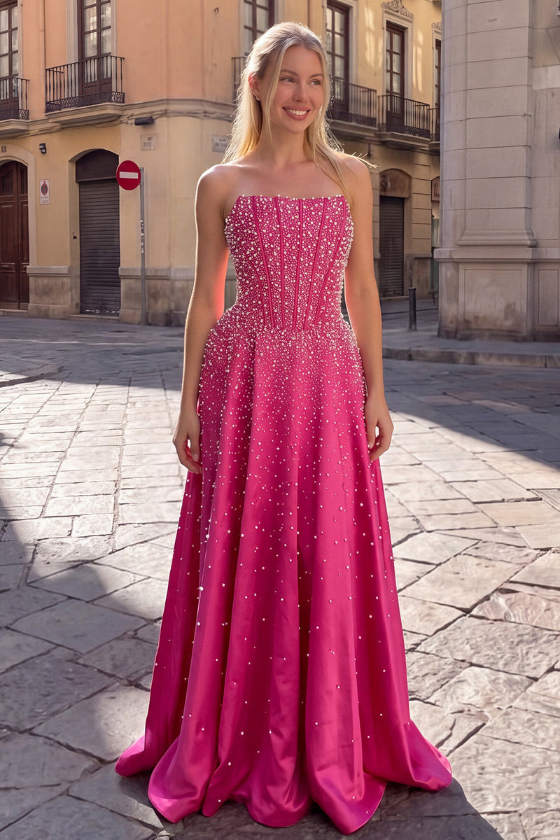 Load image into Gallery viewer, Sparkly Fuchsia Strapless Beaded Corset A-Line Long Prom Dress