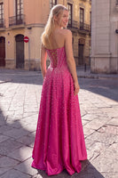 Load image into Gallery viewer, Sparkly Fuchsia Strapless Beaded Corset A-Line Long Prom Dress