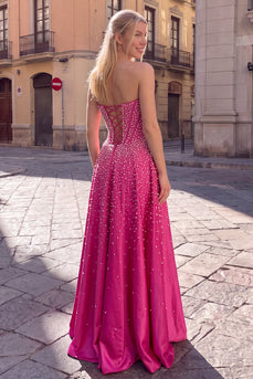 Sparkly Fuchsia Strapless Beaded Corset A-Line Long Prom Dress