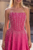 Load image into Gallery viewer, Sparkly Fuchsia Strapless Beaded Corset A-Line Long Prom Dress