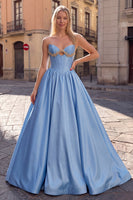 Load image into Gallery viewer, Beaded Sky Blue Strapless Corset A Line Long Prom Dress with Keyhole