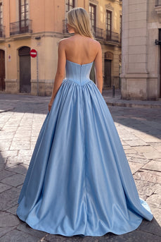 Beaded Sky Blue Strapless Corset A Line Long Prom Dress with Keyhole
