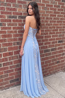 Load image into Gallery viewer, Blue Floral Strapless Long Prom Dress with Cape