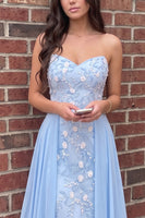 Load image into Gallery viewer, Blue Floral Strapless Long Prom Dress with Cape