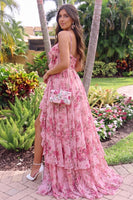 Load image into Gallery viewer, Pink Floral Print Spaghetti Straps A Line Ruffled High Low Prom Dress