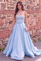 Load image into Gallery viewer, Sparkly Blue A Line Strapless Satin Long Prom Dress with Pearls