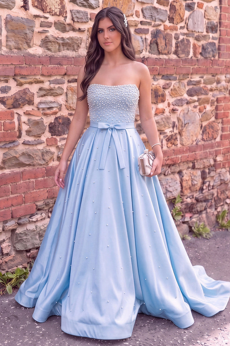Load image into Gallery viewer, Sparkly Blue A Line Strapless Satin Long Prom Dress with Pearls