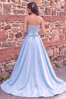 Sparkly Blue A Line Strapless Satin Long Prom Dress with Pearls