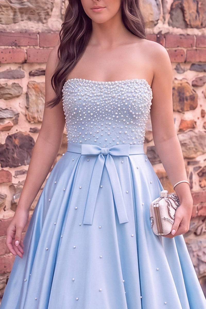 Load image into Gallery viewer, Sparkly Blue A Line Strapless Satin Long Prom Dress with Pearls