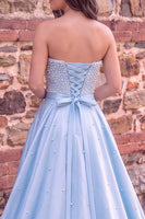 Load image into Gallery viewer, Sparkly Blue A Line Strapless Satin Long Prom Dress with Pearls