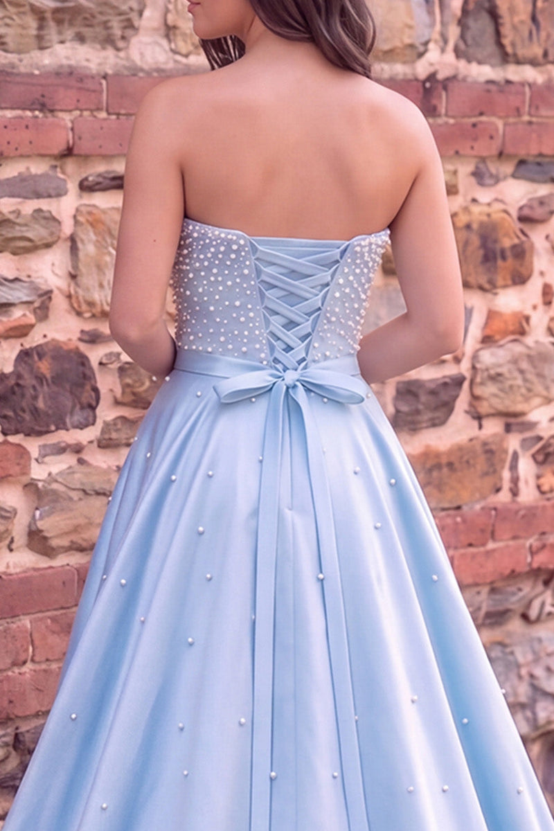 Load image into Gallery viewer, Sparkly Blue A Line Strapless Satin Long Prom Dress with Pearls