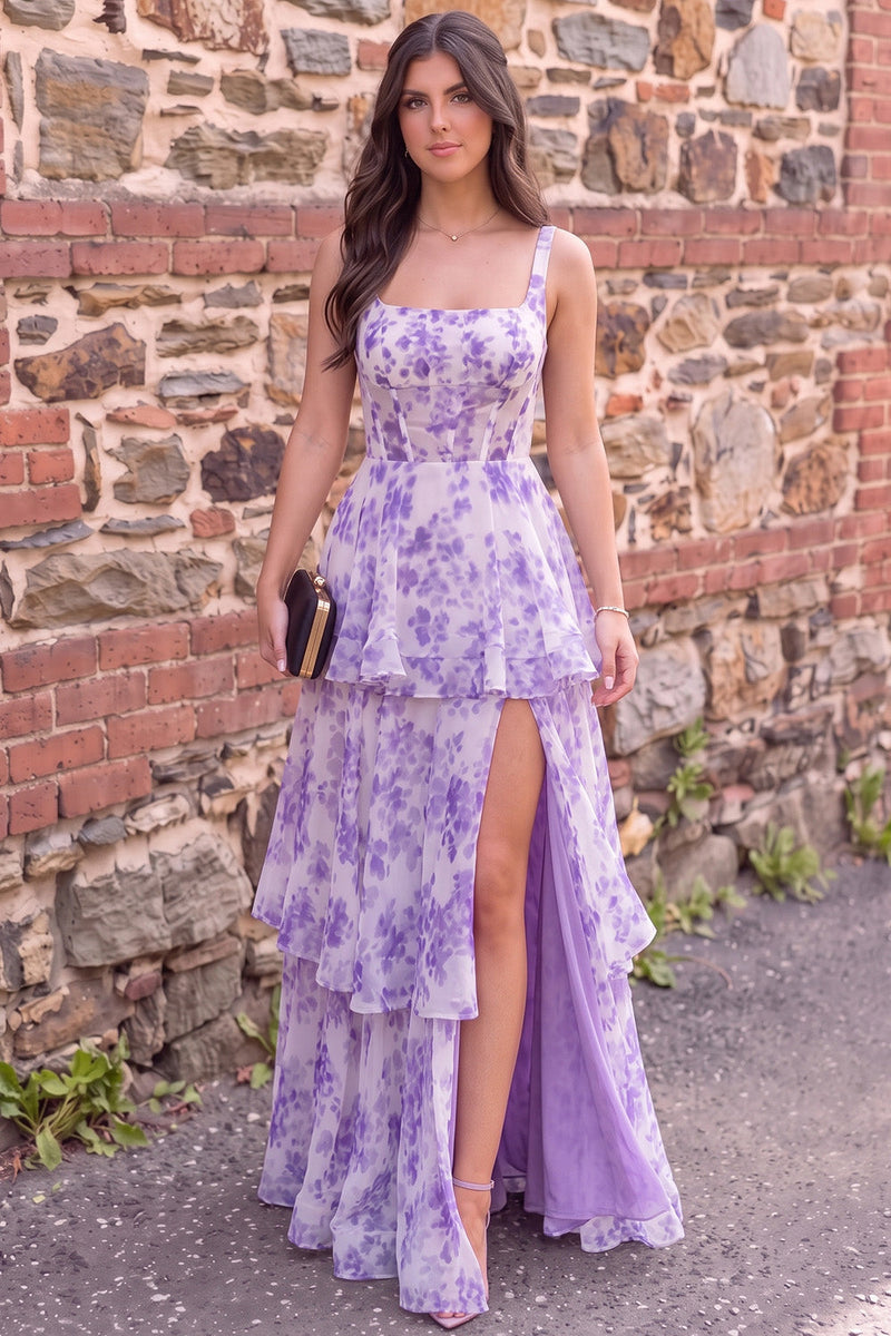 Load image into Gallery viewer, Fog Floral Ruffled Corset A Line Print Long Prom Dress with Slit