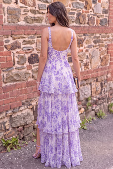 Fog Floral Ruffled Corset A Line Print Long Prom Dress with Slit