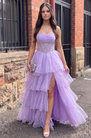 Load image into Gallery viewer, Sparkly Fog Ruched Corset A Line Ruffled Long Prom Dress with Slit