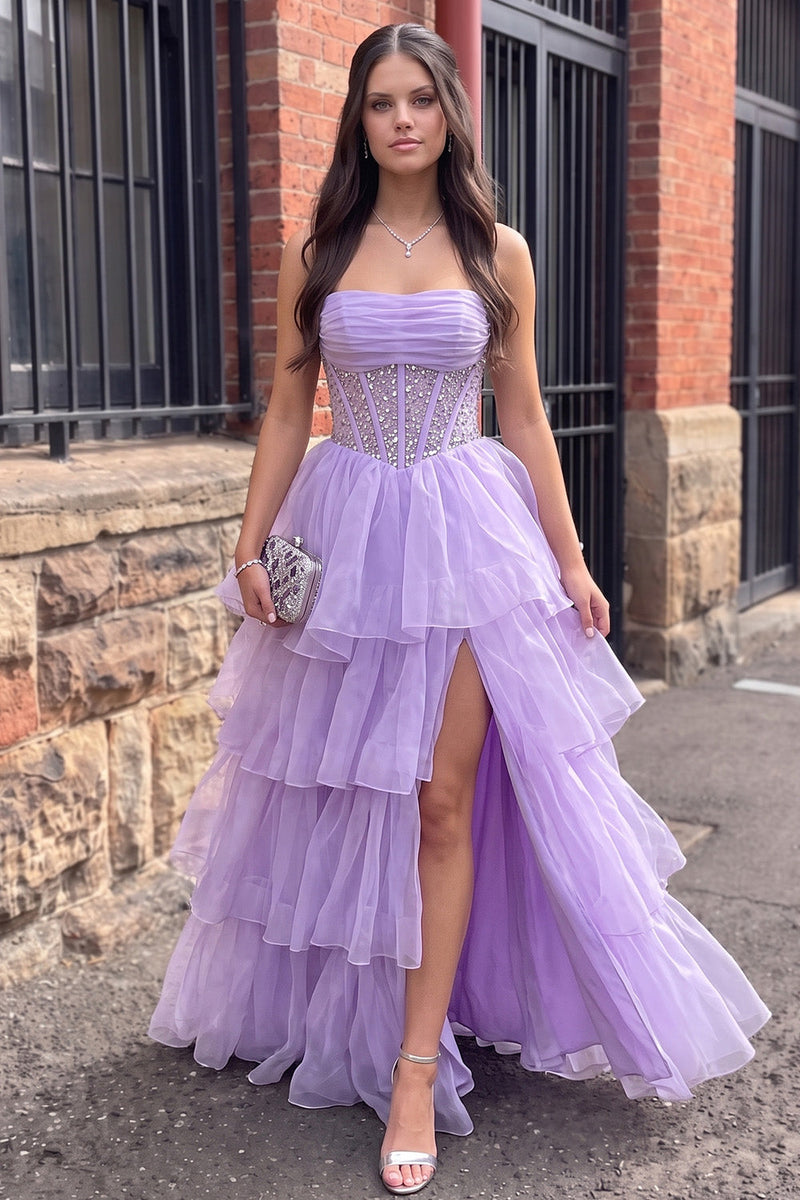 Load image into Gallery viewer, Sparkly Fog Ruched Corset A Line Ruffled Long Prom Dress with Slit