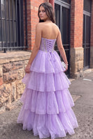 Load image into Gallery viewer, Sparkly Fog Ruched Corset A Line Ruffled Long Prom Dress with Slit