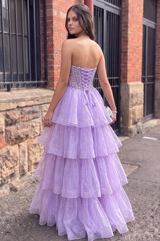 Sparkly Fog Ruched Corset A Line Ruffled Long Prom Dress with Slit