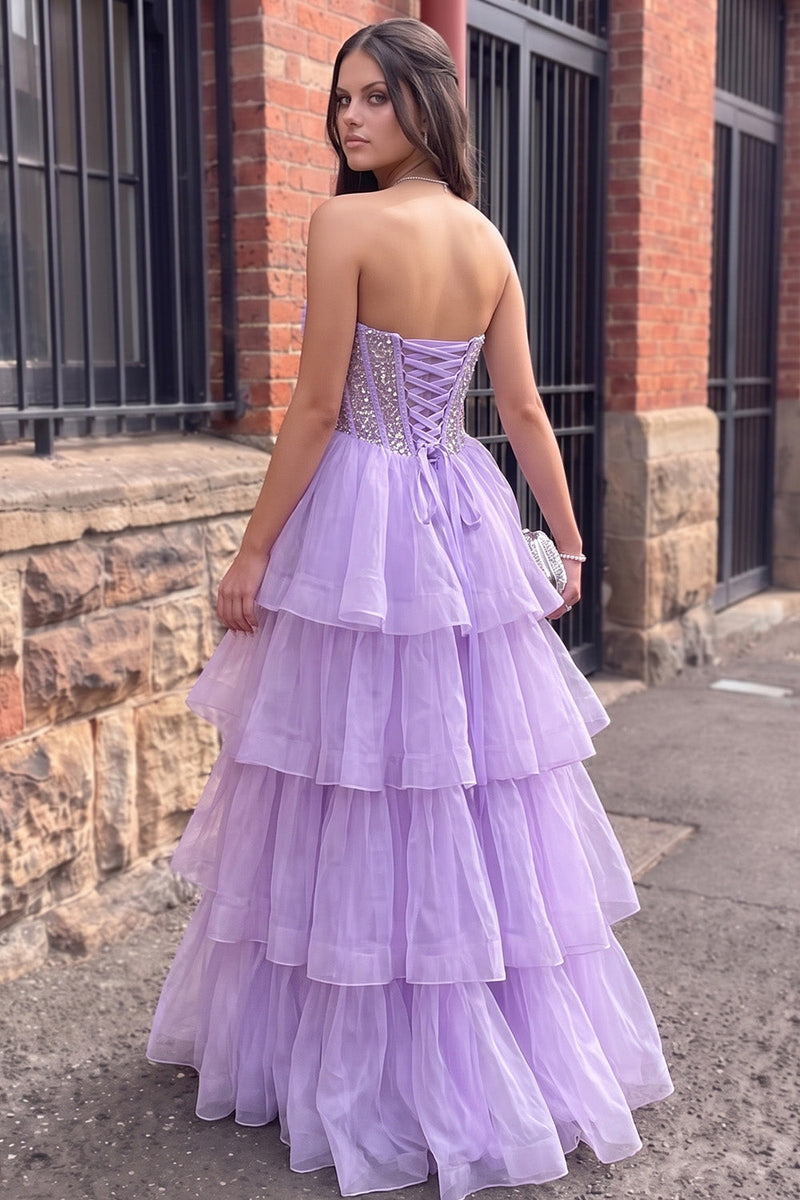 Load image into Gallery viewer, Sparkly Fog Ruched Corset A Line Ruffled Long Prom Dress with Slit