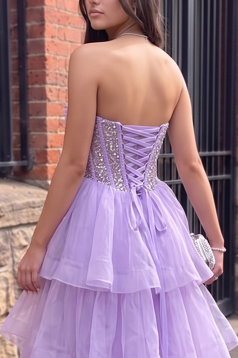 Load image into Gallery viewer, Sparkly Fog Ruched Corset A Line Ruffled Long Prom Dress with Slit