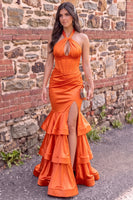 Load image into Gallery viewer, Tangerine Mermaid Halter Corset Ruched Ruffled Satin Long Prom Dress with Slit