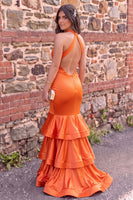 Load image into Gallery viewer, Tangerine Mermaid Halter Corset Ruched Ruffled Satin Long Prom Dress with Slit