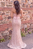 Load image into Gallery viewer, Sparkly Pink Mermaid Ruched Sweetheart Sequins Corset Long Prom Dress with Pearls