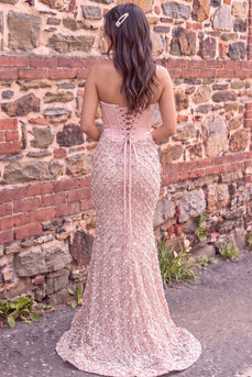 Sparkly Pink Mermaid Ruched Sweetheart Sequins Corset Long Prom Dress with Pearls