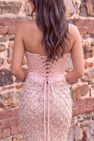 Load image into Gallery viewer, Sparkly Pink Mermaid Ruched Sweetheart Sequins Corset Long Prom Dress with Pearls