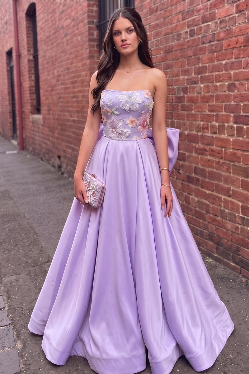 Queendancer Women Fog Beaded Satin Floral Long Prom Dress with Bow A ...