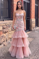 Load image into Gallery viewer, Sparkly Pink Ruffled Mermaid Strapless Floral Long Prom Dress with Slit