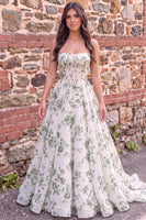 Load image into Gallery viewer, Green Floral Corset A Line Strapless Print Long Prom Dress