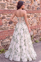 Load image into Gallery viewer, Green Floral Corset A Line Strapless Print Long Prom Dress