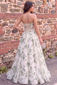Green Floral Corset A Line Strapless Print Long Prom Dress