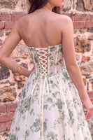 Load image into Gallery viewer, Green Floral Corset A Line Strapless Print Long Prom Dress