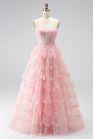 Load image into Gallery viewer, Ruffled Sparkly Pink Corset Sweetheart Beaded Long Prom Dress with Sequins