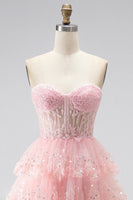 Load image into Gallery viewer, Ruffled Sparkly Pink Corset Sweetheart Beaded Long Prom Dress with Sequins