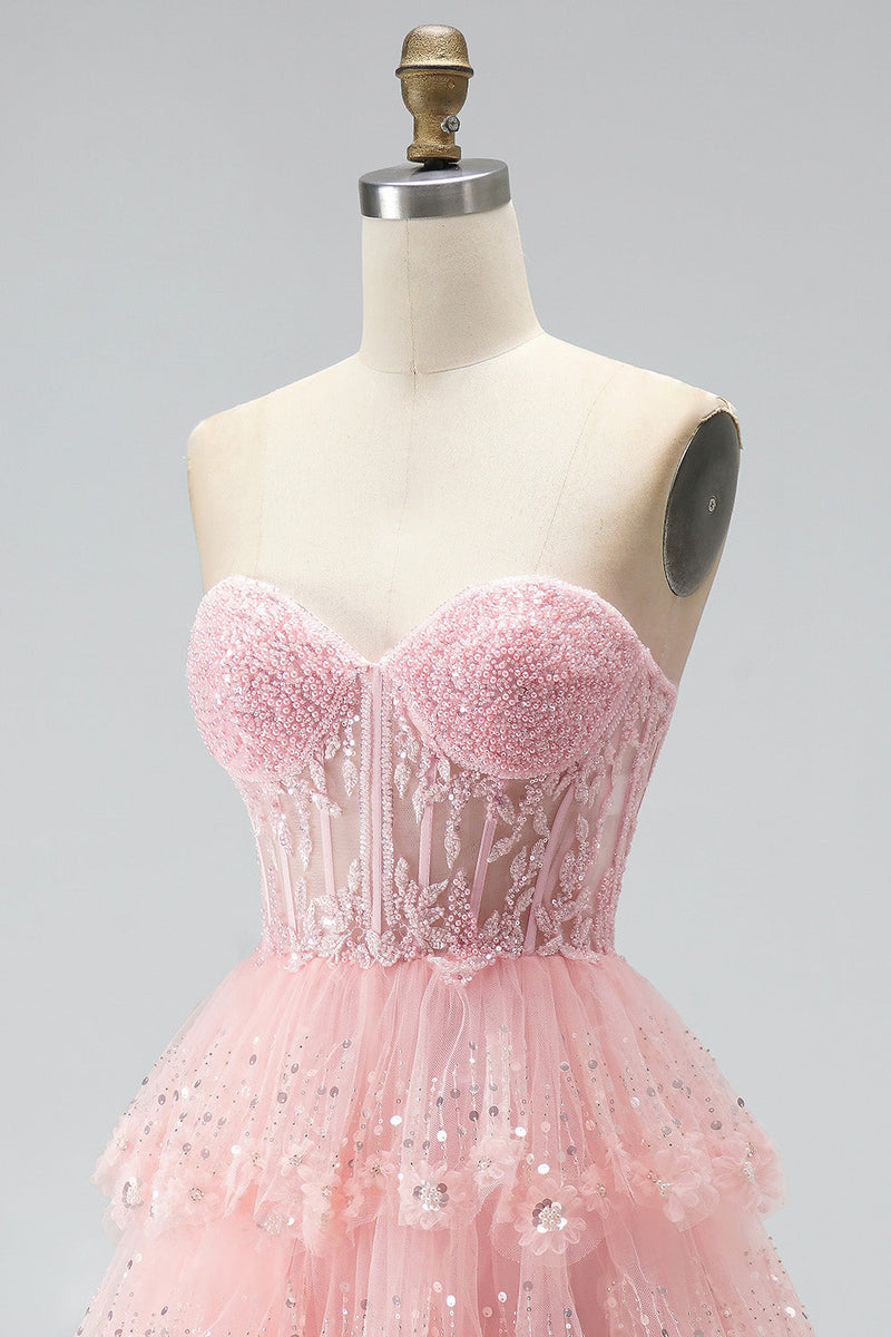 Load image into Gallery viewer, Ruffled Sparkly Pink Corset Sweetheart Beaded Long Prom Dress with Sequins