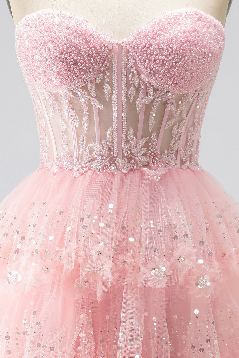 Load image into Gallery viewer, Ruffled Sparkly Pink Corset Sweetheart Beaded Long Prom Dress with Sequins