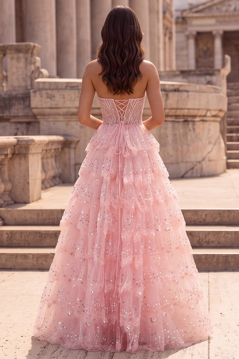 Load image into Gallery viewer, Ruffled Sparkly Pink Corset Sweetheart Beaded Long Prom Dress with Sequins