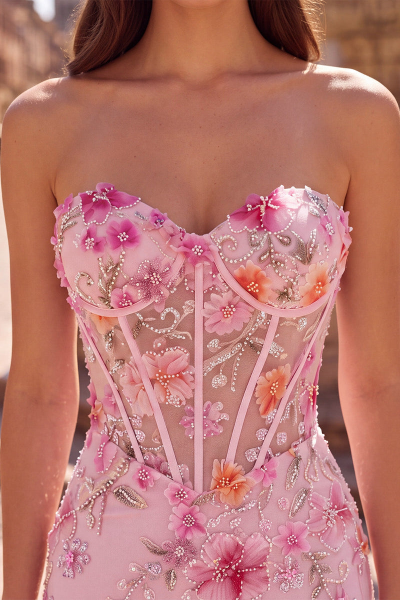 Load image into Gallery viewer, Pink Sparkly Mermaid Corset Sweetheart Beaded Floral Long Prom Dress with Slit