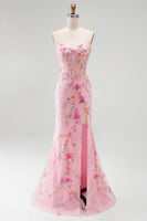 Load image into Gallery viewer, Pink Sparkly Mermaid Corset Sweetheart Beaded Floral Long Prom Dress with Slit