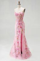 Load image into Gallery viewer, Pink Sparkly Mermaid Corset Sweetheart Beaded Floral Long Prom Dress with Slit