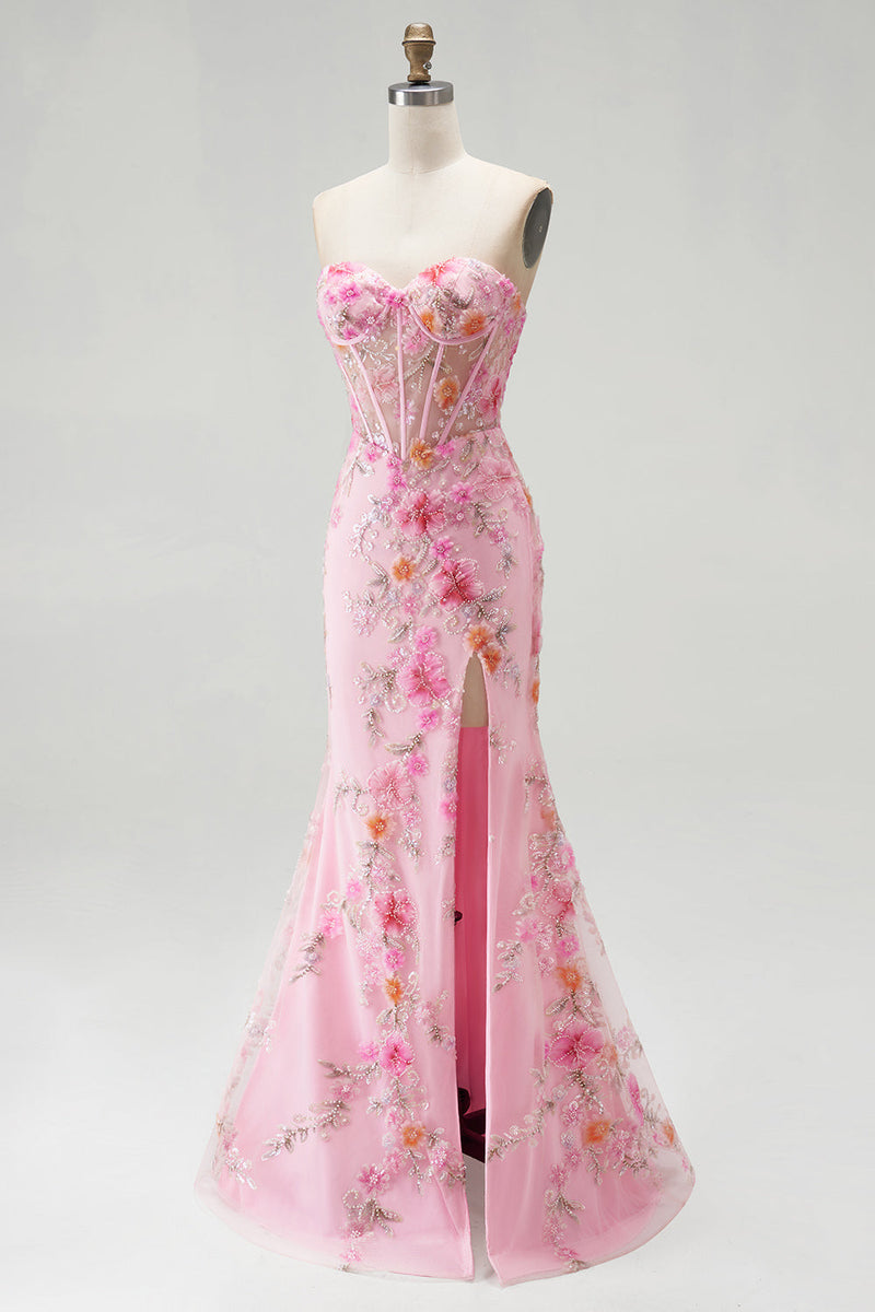 Load image into Gallery viewer, Pink Sparkly Mermaid Corset Sweetheart Beaded Floral Long Prom Dress with Slit